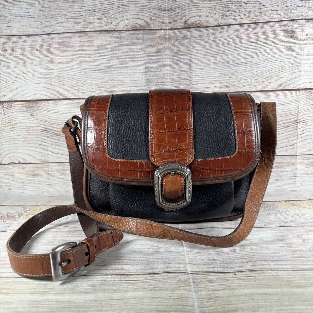 Brighton Two-Tone Crossbody Bag - Black Pebbled Leather & Brown Moc Croc Trim
